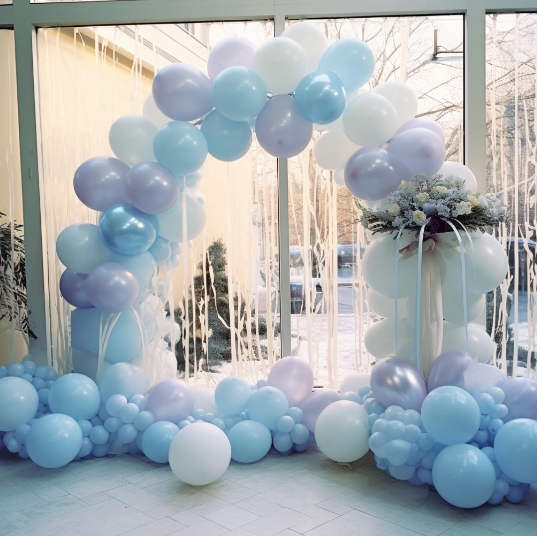 Arche de ballons pour un mariage - mariage en hiver - bleu pastel - lilas et blanc 