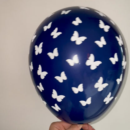 Ballon Bleu Marine Papillon Blanc - Opaque